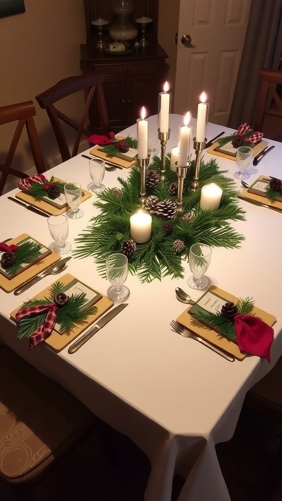 A festive Christmas table setting with greenery, candles, and pinecones.